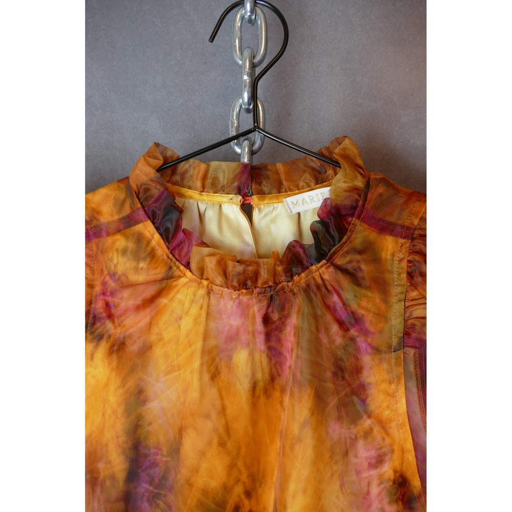 Marie Oliver Orange Abstract Floral Sheer Organza Ruffle Mock Neck Blouse XXS - Picture 3 of 10